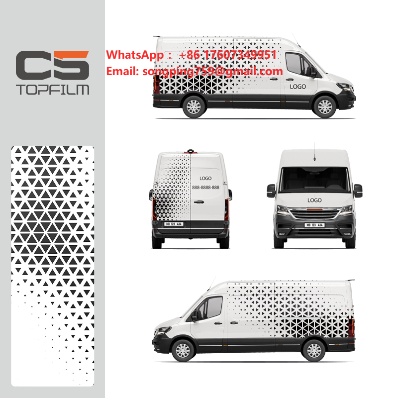 Commercial Printing & Packaging Pvt Ltd - ฟิล์มติดรถยนต์ลายเรขาคณิตสีดำขาว พิมพ์ลายตามสั่ง สำหรับโฆษณาบนรถตู้เชิงพาณิชย์ วัสดุ TPU PET